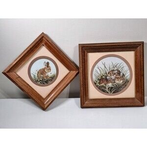 VTG Home Interior Bunny Rabbit Prints Matted Wood Frames Cottage Nursery CUTE